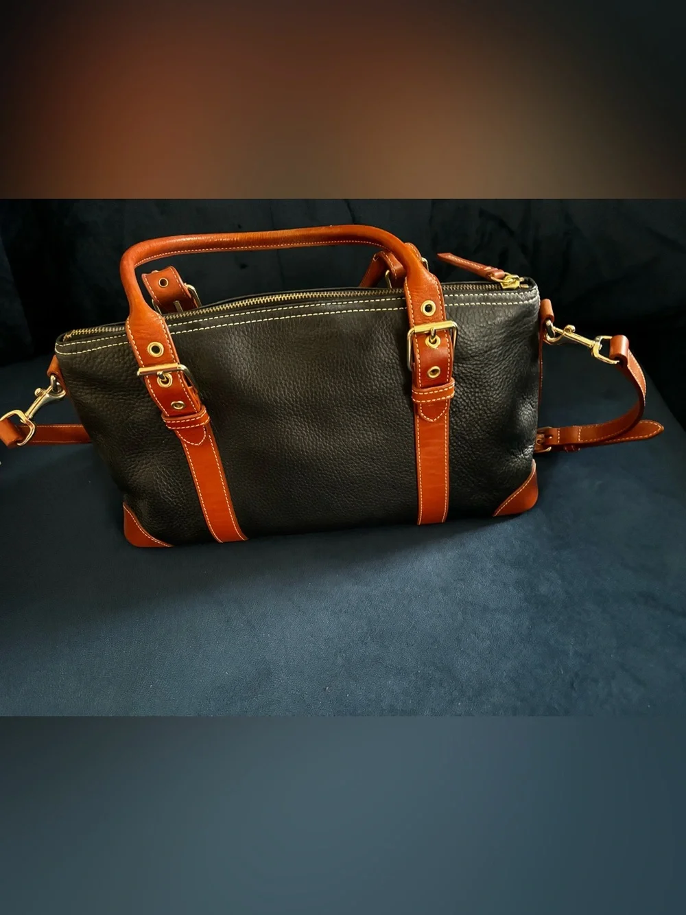 Vintage Dooney & Bourke Leather Satchel navy blue tan brown shoulder bag